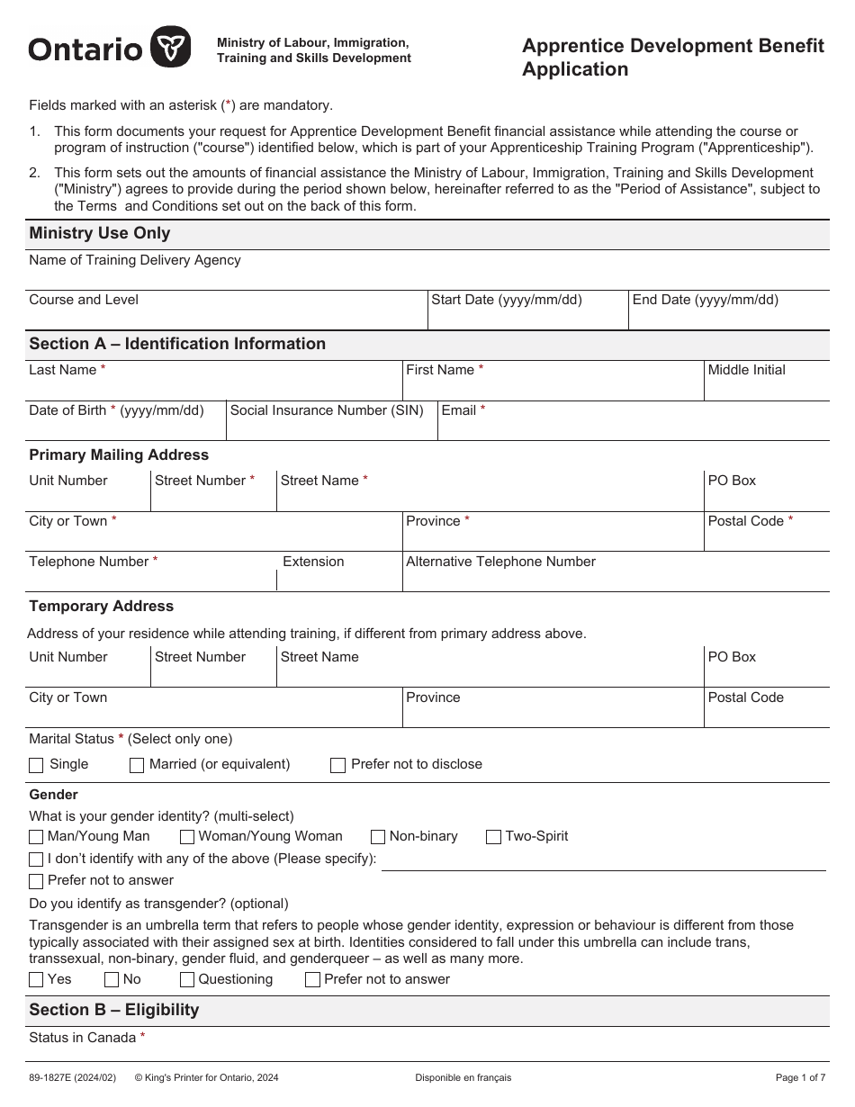 Form 89-1827E Apprentice Development Benefit Application - Ontario, Canada, Page 1