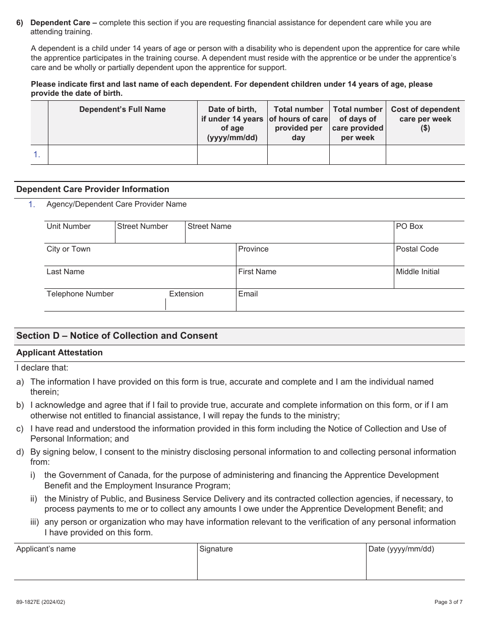Form 89-1827E Apprentice Development Benefit Application - Ontario, Canada, Page 3