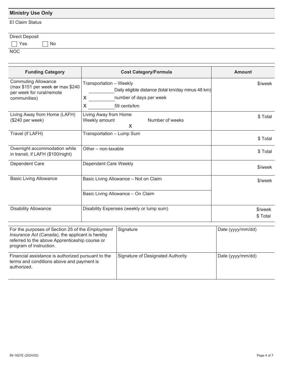 Form 89-1827E Apprentice Development Benefit Application - Ontario, Canada, Page 4