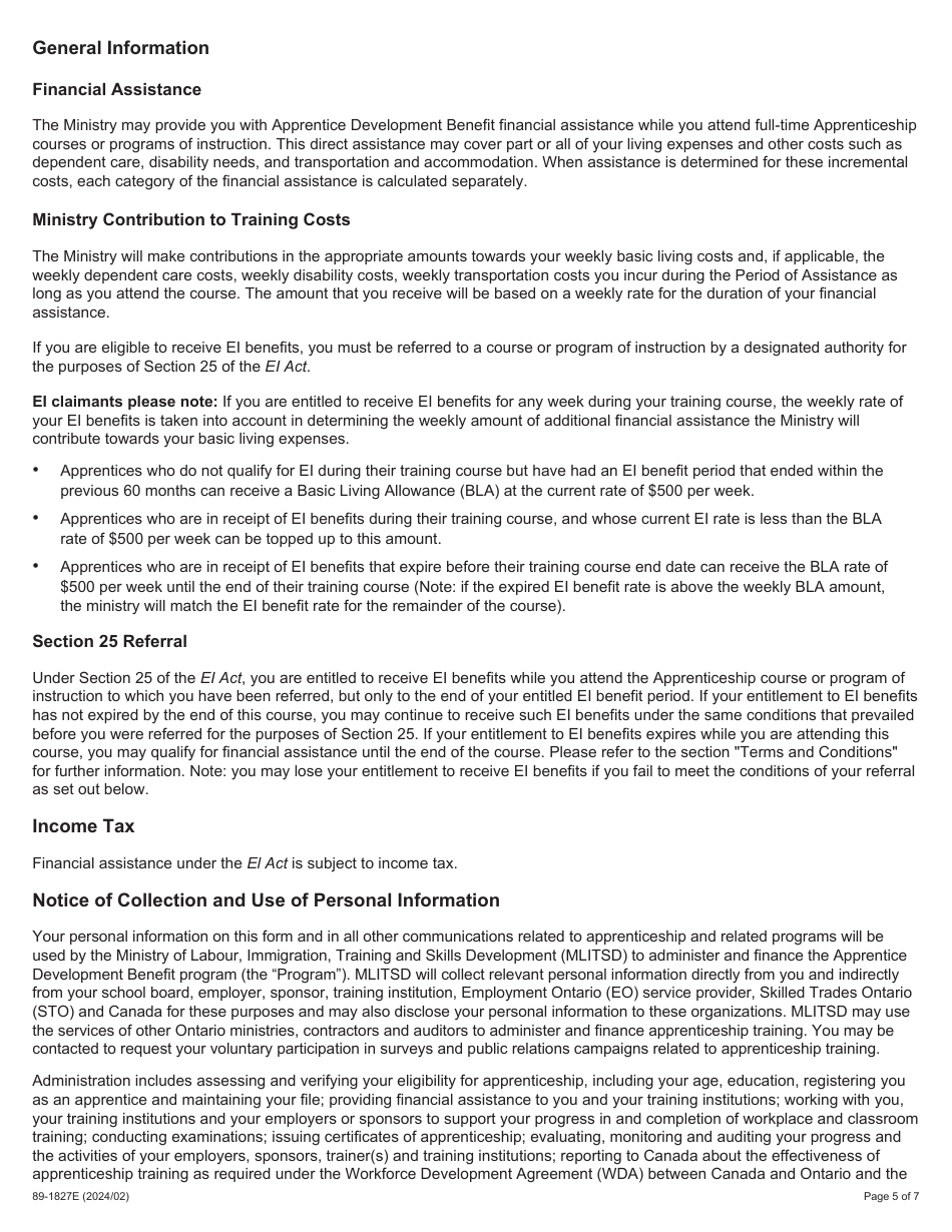 Form 89-1827E Apprentice Development Benefit Application - Ontario, Canada, Page 5
