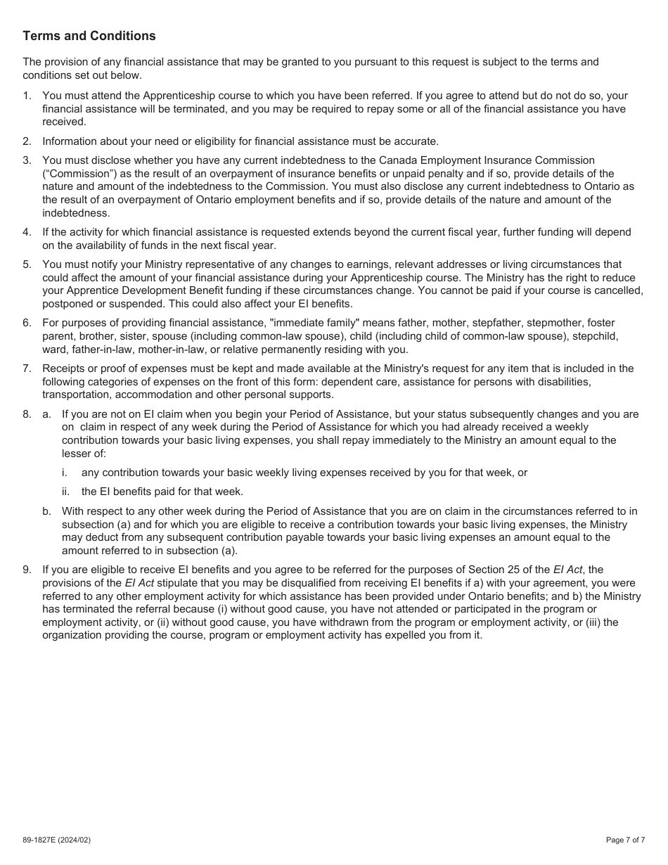 Form 89-1827E Apprentice Development Benefit Application - Ontario, Canada, Page 7