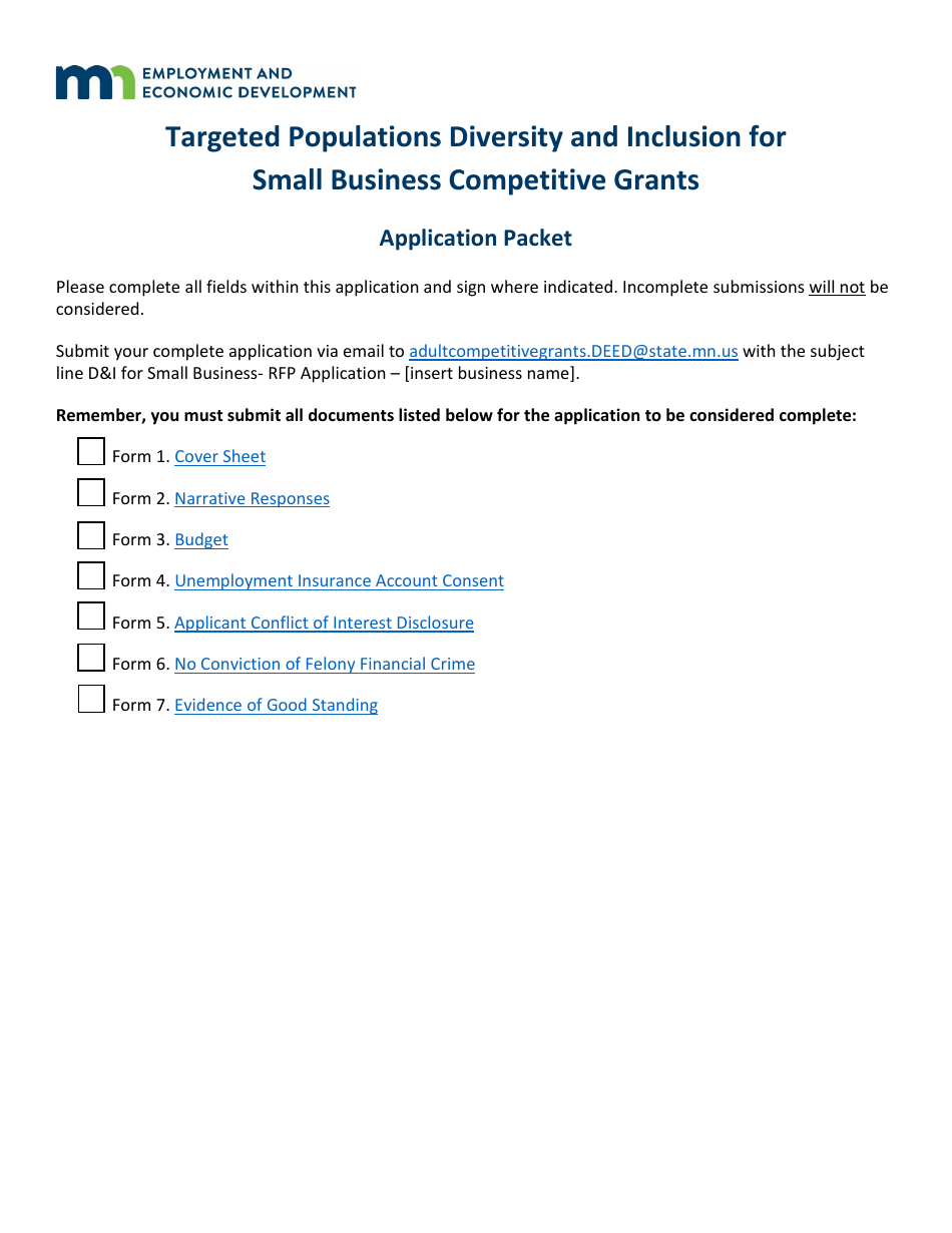 Targeted Populations Diversity and Inclusion for Small Business Competitive Grants Application Packet - Minnesota, Page 1