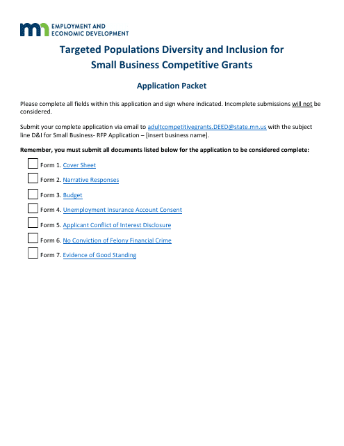 Targeted Populations Diversity and Inclusion for Small Business Competitive Grants Application Packet - Minnesota Download Pdf