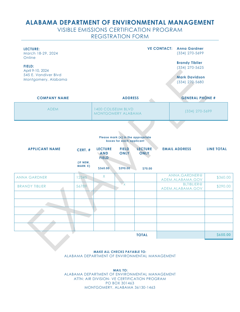 Registration Form - Visible Emissions Certification Program - Alabama, Page 2