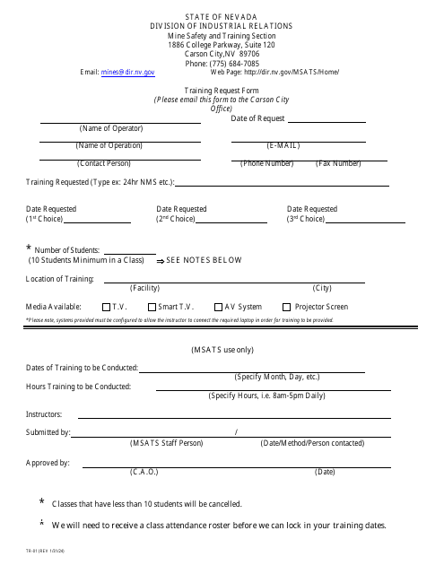 Form TR-01 Training Request Form - Nevada