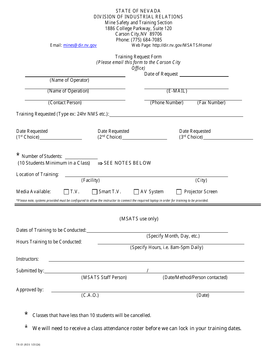 Form TR-01 Training Request Form - Nevada, Page 1
