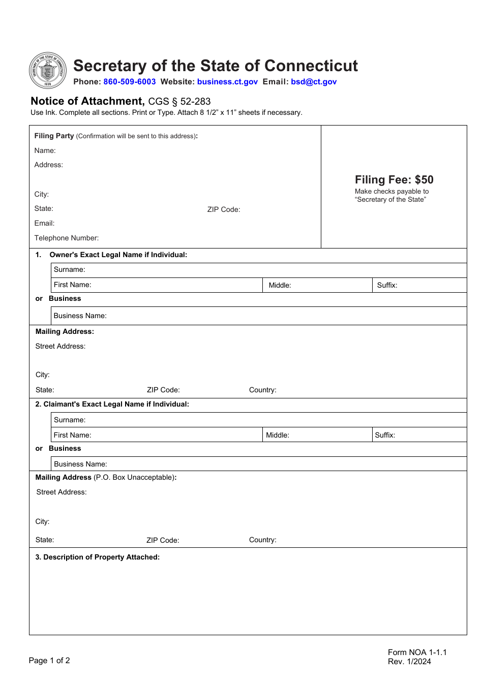 Form NOA1-1.1 Notice of Attachment - Connecticut, Page 1