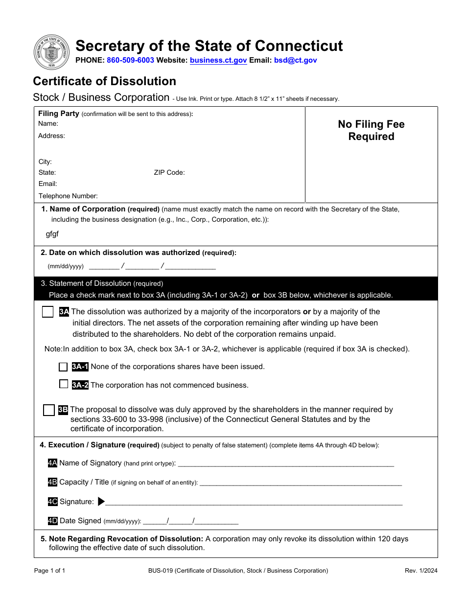 Form BUS-019 Certificate of Dissolution - Stock / Business Corporation - Connecticut, Page 1