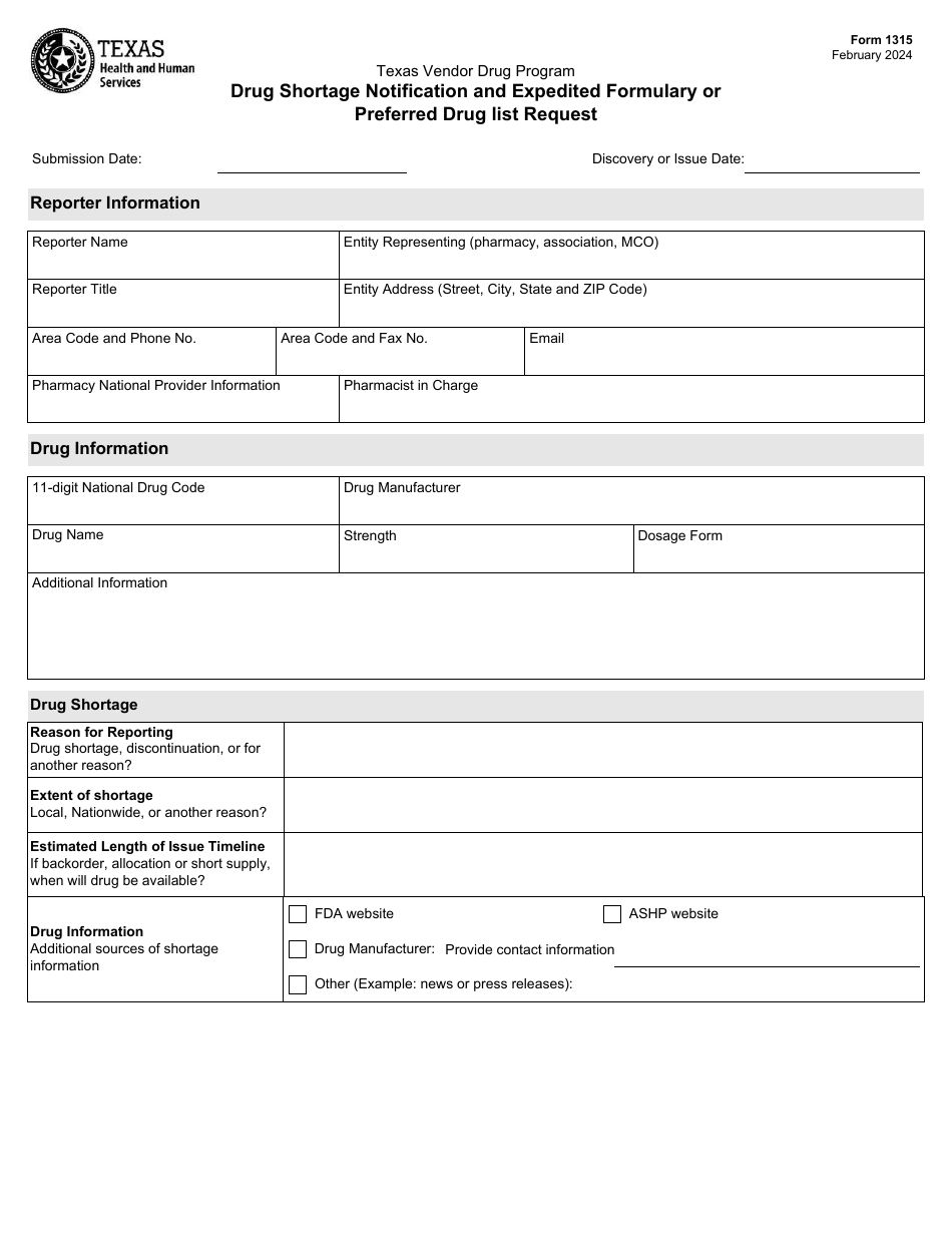 Form 1315 Drug Shortage Notification and Expedited Formulary or Preferred Drug List Request - Texas Vendor Drug Program - Texas, Page 1