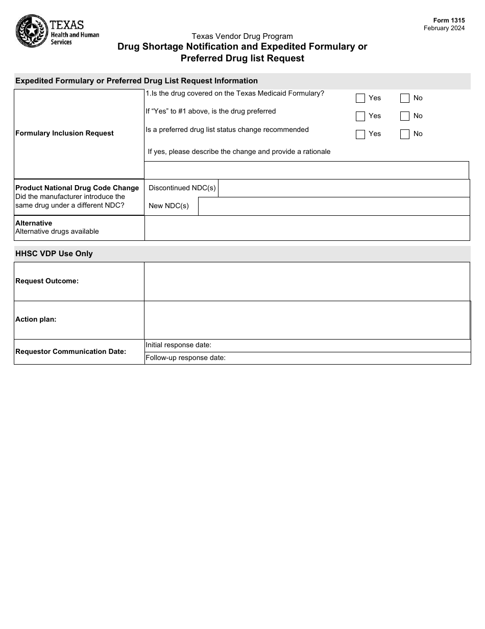 Form 1315 Drug Shortage Notification and Expedited Formulary or Preferred Drug List Request - Texas Vendor Drug Program - Texas, Page 2