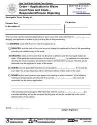Document preview: Form UCS-FW4SD Order - Application to Waive Court Fees and Costs - Respondent/Person Objecting - New York