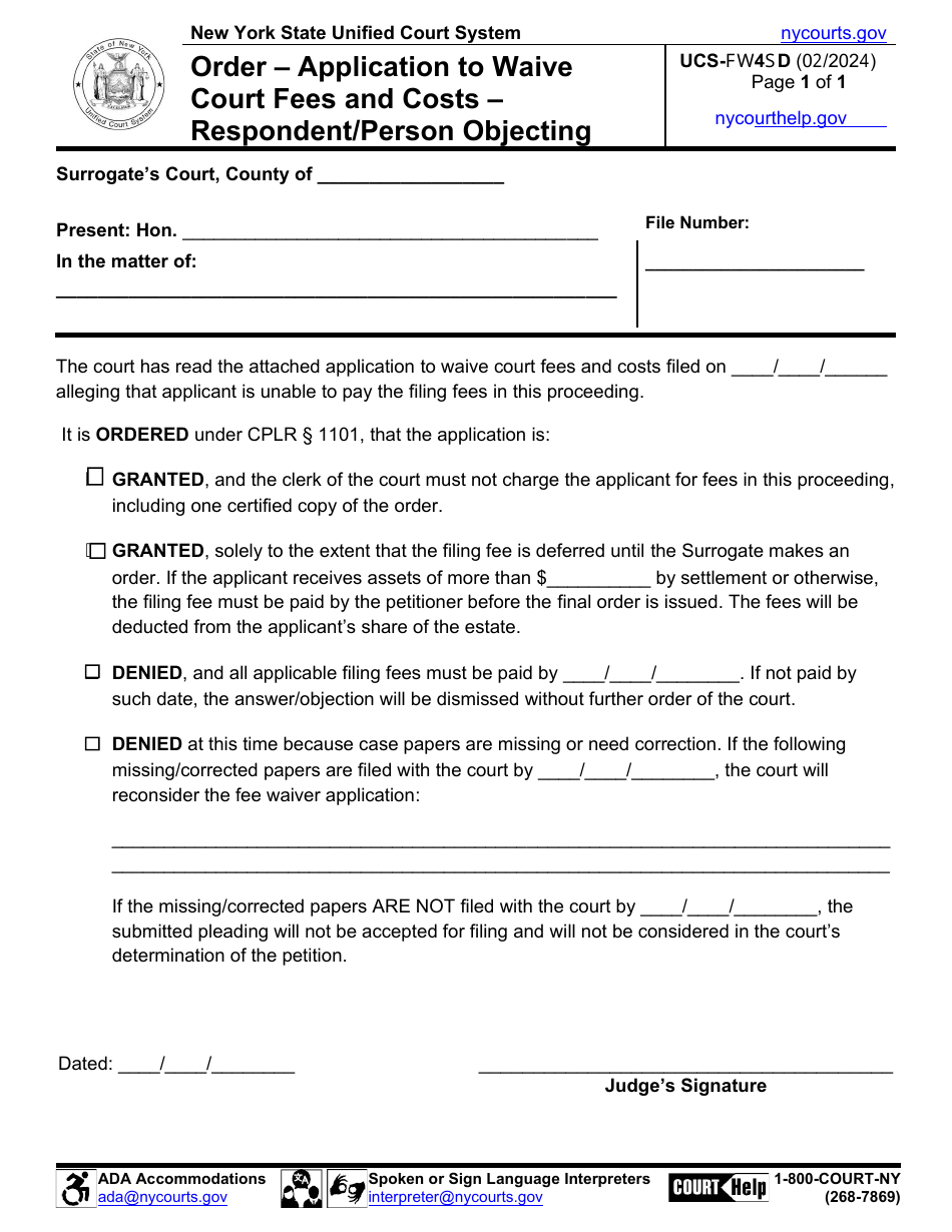 Form UCS-FW4SD Order - Application to Waive Court Fees and Costs - Respondent / Person Objecting - New York, Page 1