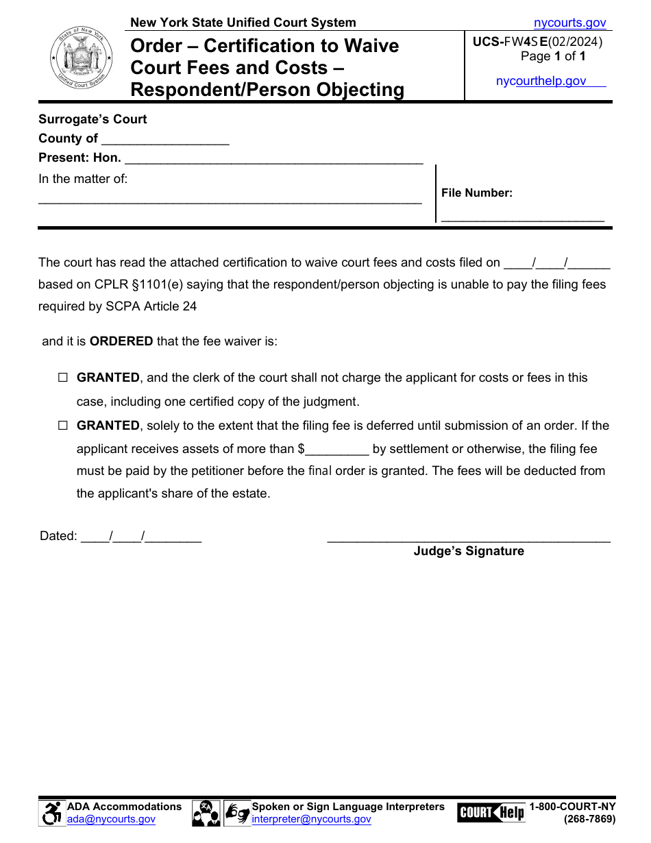 Form UCS-FW4SE Order - Certification to Waive Court Fees and Costs - Respondent / Person Objecting - New York, Page 1