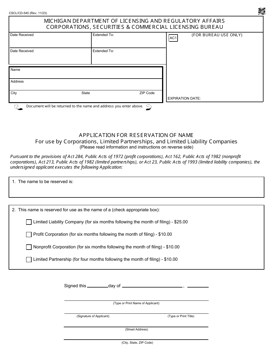 Form CSCL / CD-540 Application for Reservation of Name for Use by Corporations, Limited Partnerships, and Limited Liability Companies - Michigan, Page 1