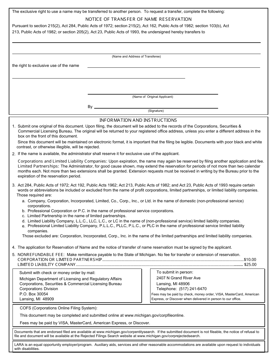 Form CSCL / CD-540 Application for Reservation of Name for Use by Corporations, Limited Partnerships, and Limited Liability Companies - Michigan, Page 2