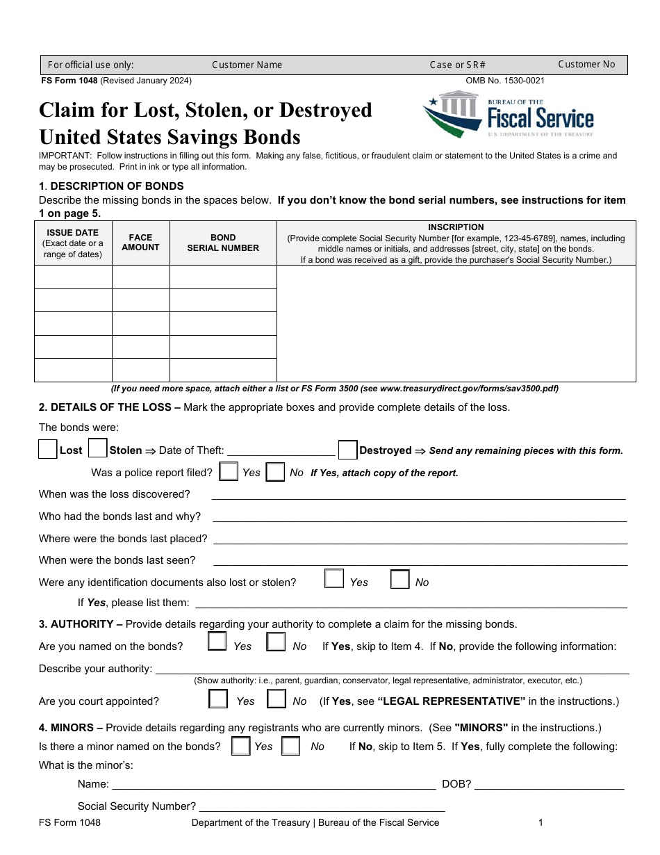FS Form 1048 Claim for Lost, Stolen, or Destroyed United States Savings Bonds, Page 1