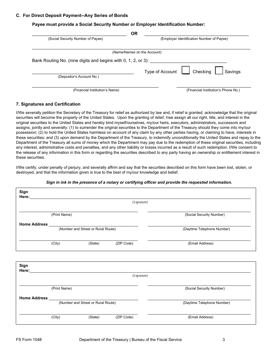 FS Form 1048 Claim for Lost, Stolen, or Destroyed United States Savings Bonds, Page 3