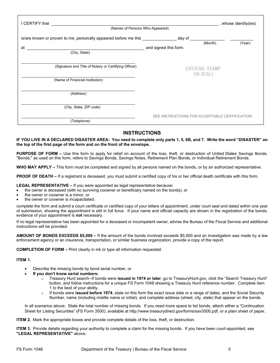 FS Form 1048 Download Fillable PDF or Fill Online Claim for Lost ...