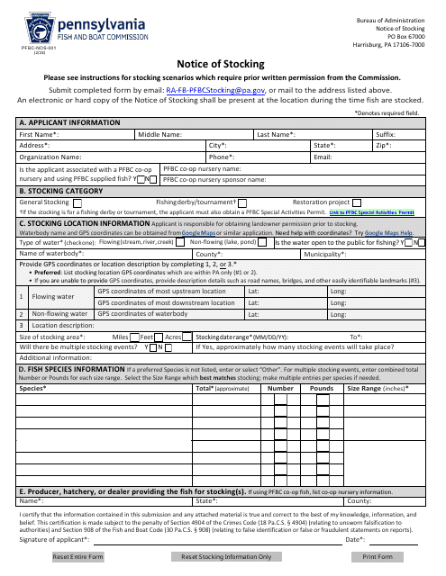 Form PFBC-NOS-001 Notice of Stocking - Pennsylvania