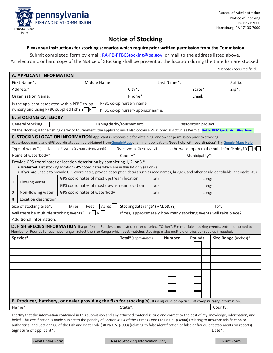 Form PFBC-NOS-001 Notice of Stocking - Pennsylvania, Page 1