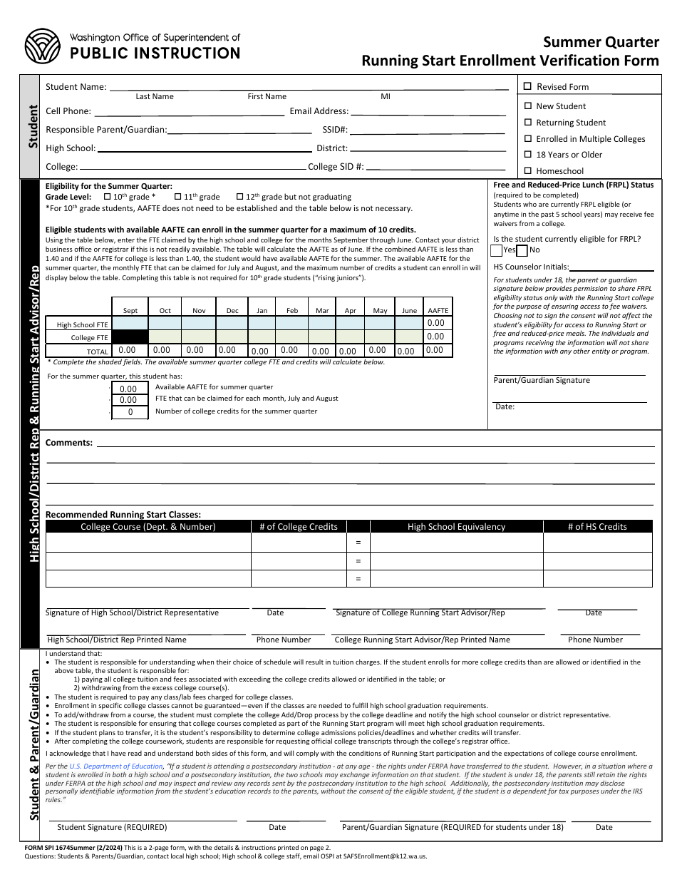 Form SPI1674 SUMMER Summer Quarter Running Start Enrollment Verification Form - Washington, Page 1