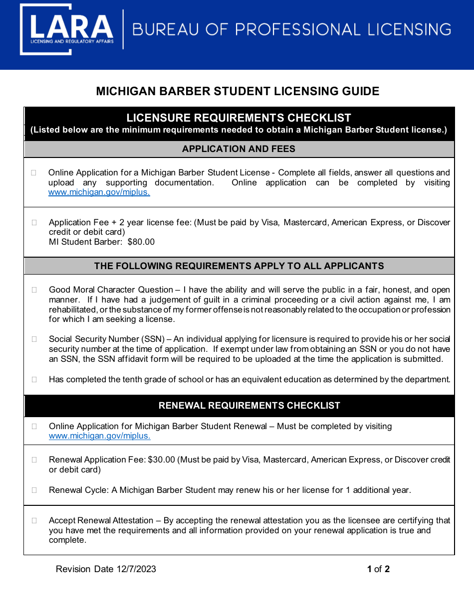 Michigan Barber Student Licensing Guide - Michigan, Page 1