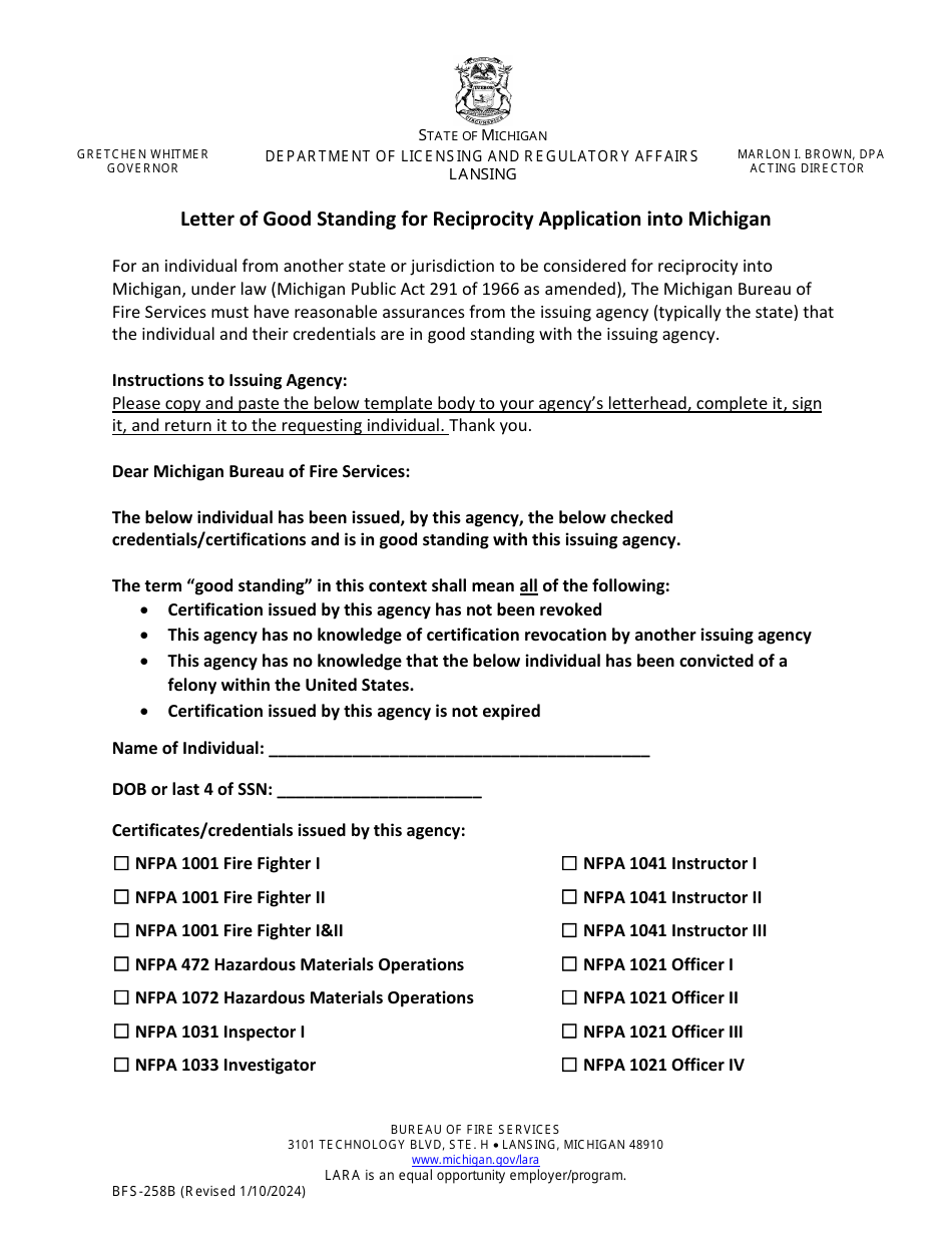 Form BFS-258B Letter of Good Standing for Reciprocity Application Into Michigan - Michigan, Page 1