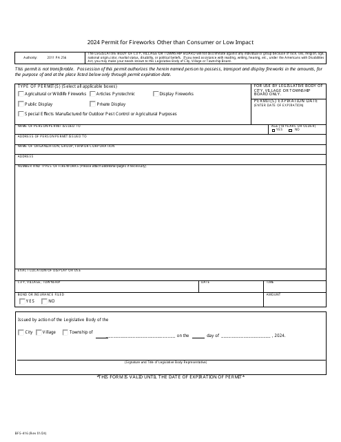 Form BFS-416 Permit for Fireworks Other Than Consumer or Low Impact - Michigan, 2024