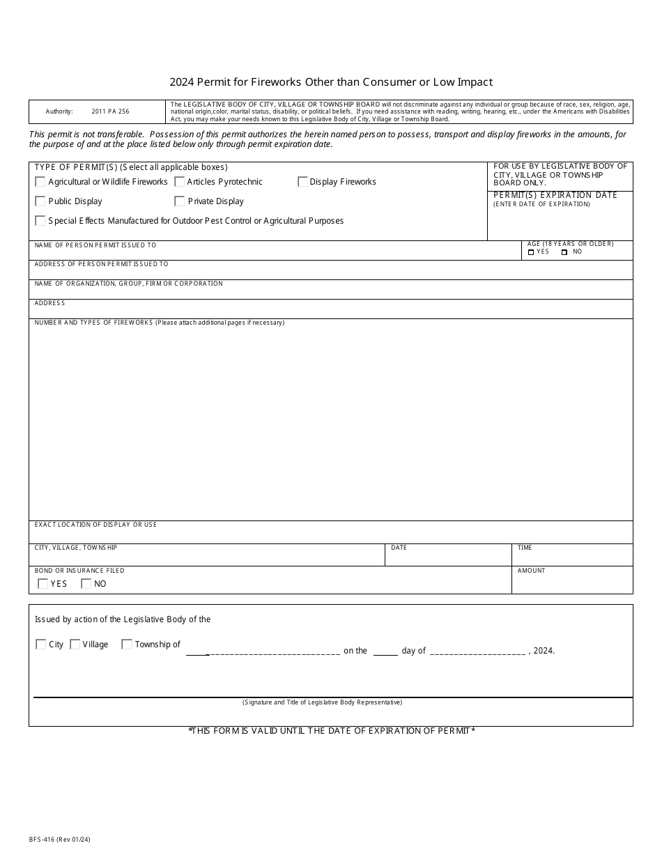 Form BFS-416 Permit for Fireworks Other Than Consumer or Low Impact - Michigan, Page 1
