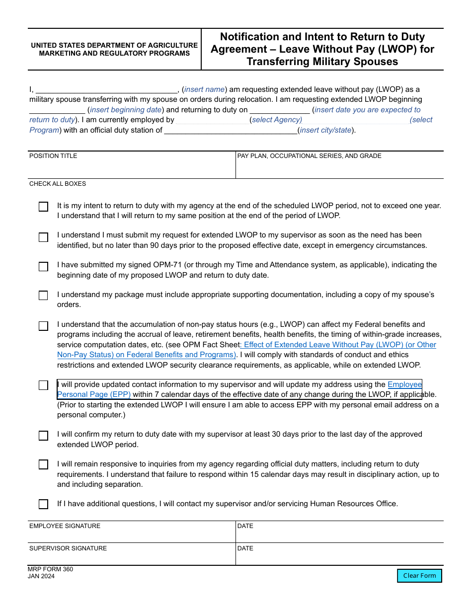 MRP Form 360 Notification and Intent to Return to Duty Agreement - Leave Without Pay (Lwop) for Transferring Military Spouses, Page 1