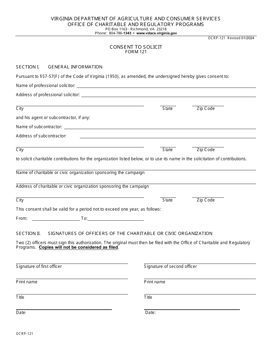 Form OCRP-121 Consent to Solicit - Virginia, Page 1