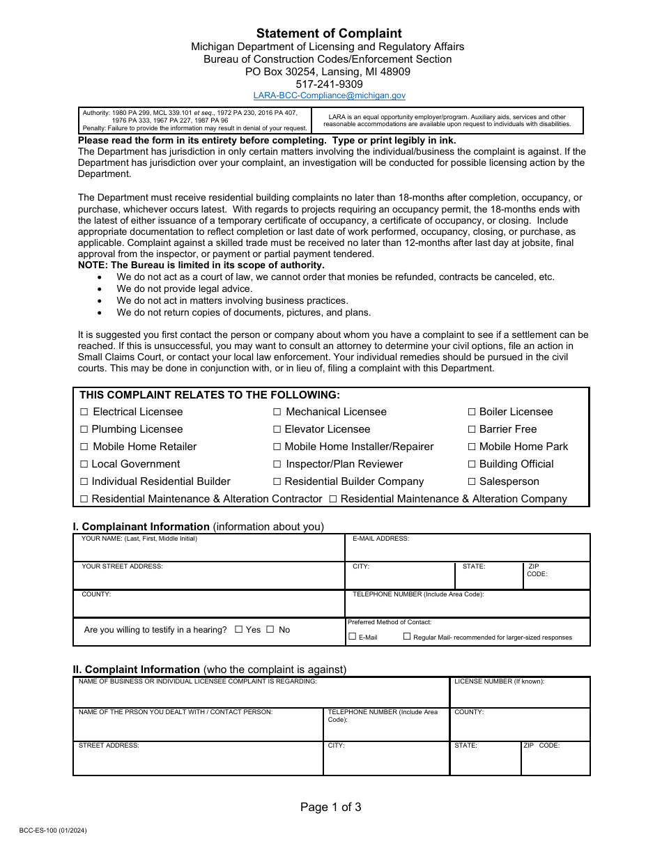 Form BCC-ES-100 Statement of Complaint - Michigan, Page 2