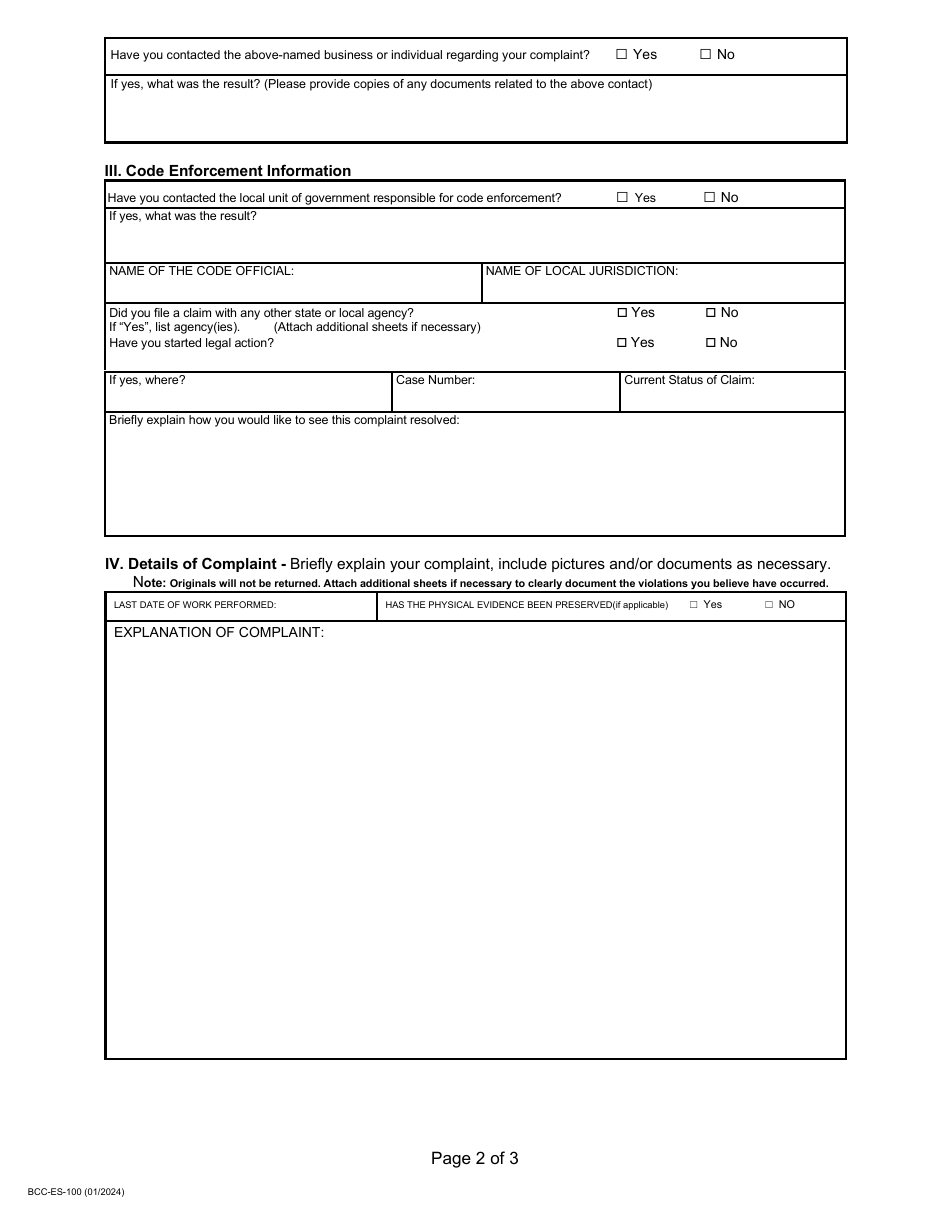 Form BCC-ES-100 Statement of Complaint - Michigan, Page 3