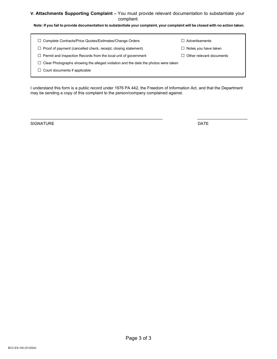 Form BCC-ES-100 Statement of Complaint - Michigan, Page 4