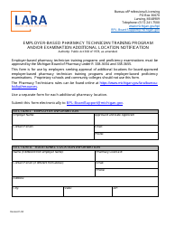 Document preview: Employer-Based Pharmacy Technician Training Program and/or Examination Additional Location Notification - Michigan