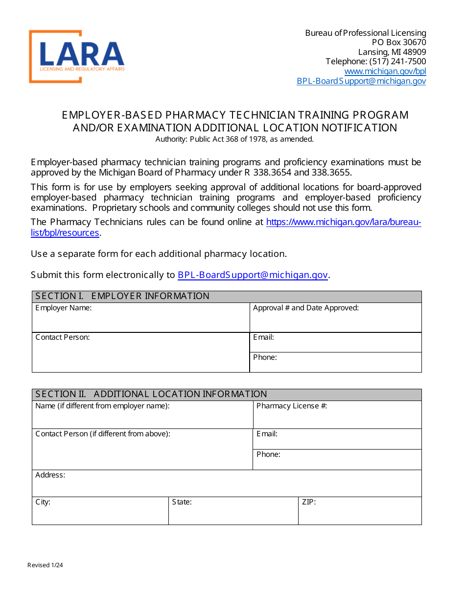 Employer-Based Pharmacy Technician Training Program and / or Examination Additional Location Notification - Michigan, Page 1