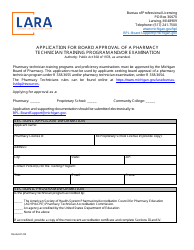 Document preview: Application for Board Approval of a Pharmacy Technician Training Program and/or Examination - Michigan