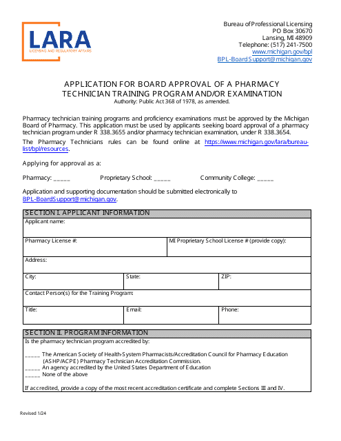 Application for Board Approval of a Pharmacy Technician Training Program and / or Examination - Michigan Download Pdf
