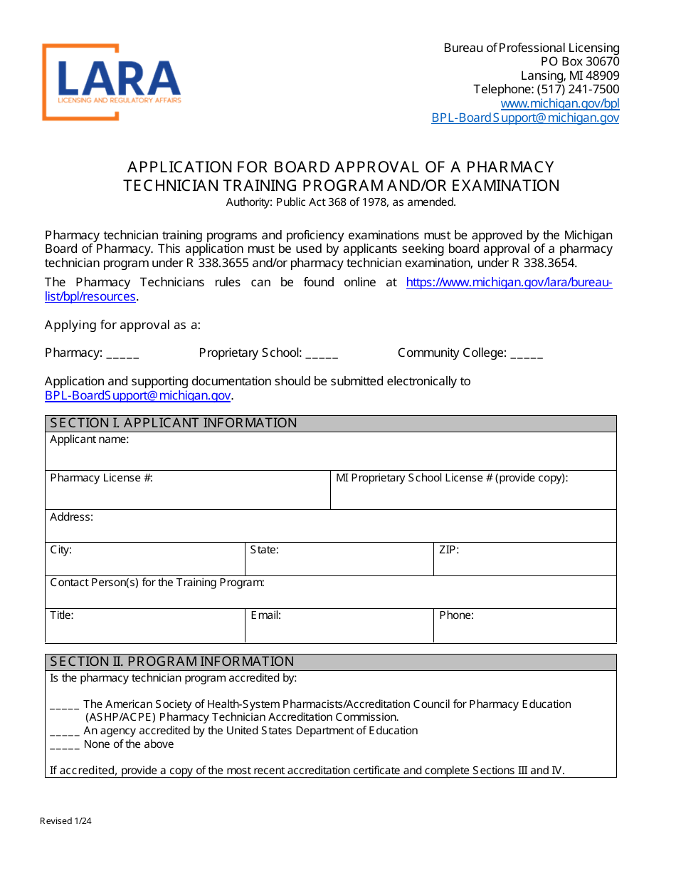 Application for Board Approval of a Pharmacy Technician Training Program and / or Examination - Michigan, Page 1