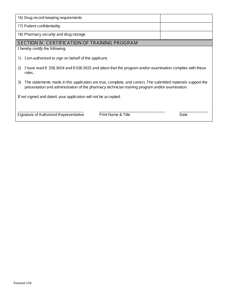Application for Board Approval of a Pharmacy Technician Training Program and / or Examination - Michigan, Page 3