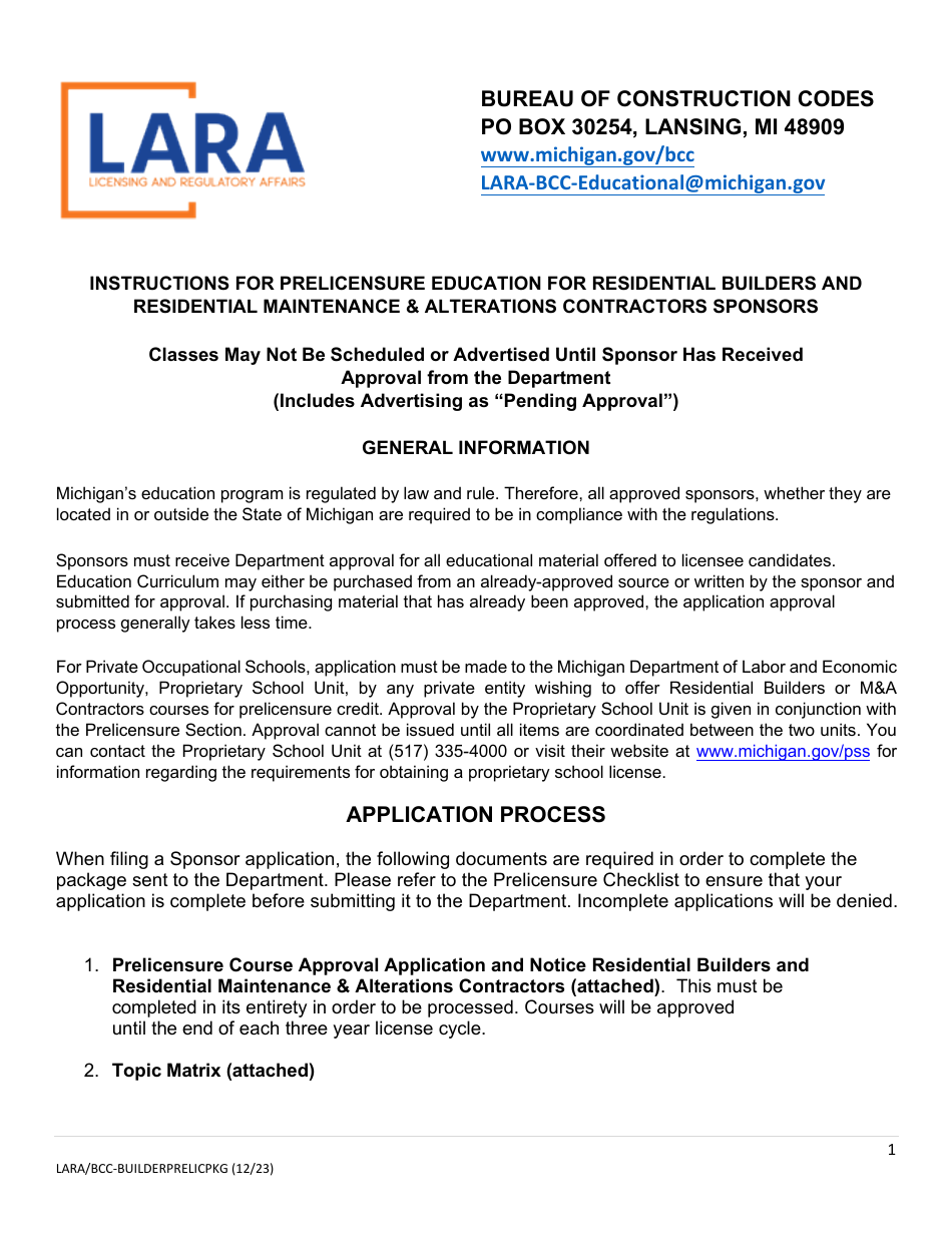 Prelicensure Course Approval Application and Notice Residential Builders and Residential Maintenance  Alterations Contractors - Michigan, Page 1