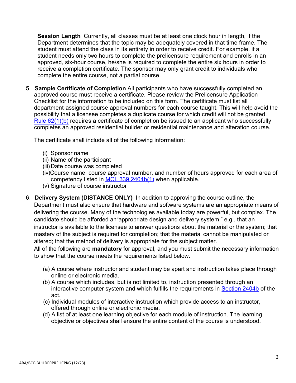 Prelicensure Course Approval Application and Notice Residential Builders and Residential Maintenance  Alterations Contractors - Michigan, Page 3
