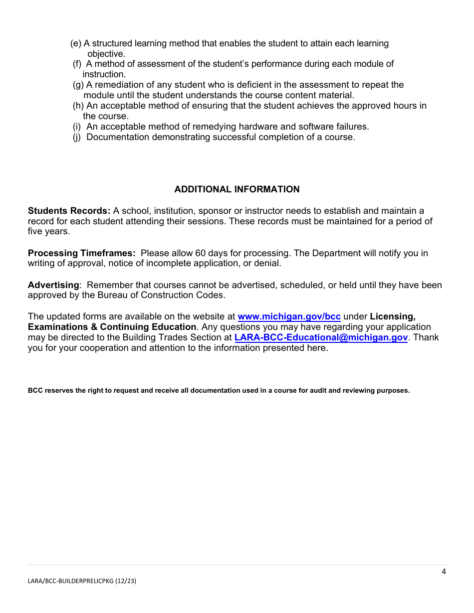 Prelicensure Course Approval Application and Notice Residential Builders and Residential Maintenance  Alterations Contractors - Michigan, Page 4