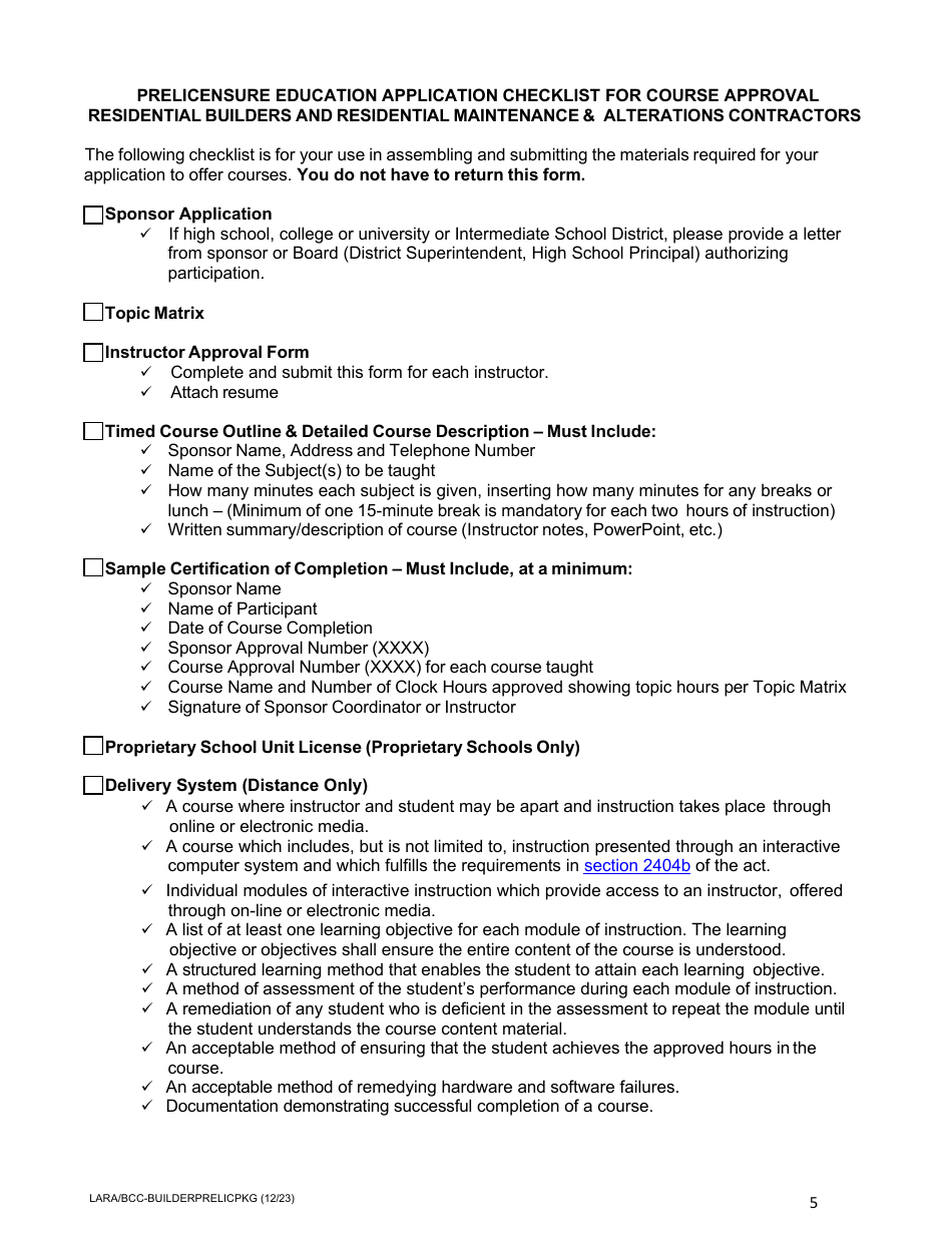 Prelicensure Course Approval Application and Notice Residential Builders and Residential Maintenance  Alterations Contractors - Michigan, Page 5
