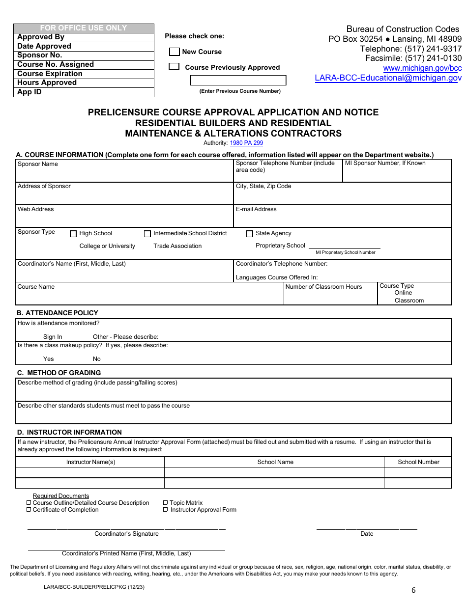 Prelicensure Course Approval Application and Notice Residential Builders and Residential Maintenance  Alterations Contractors - Michigan, Page 6