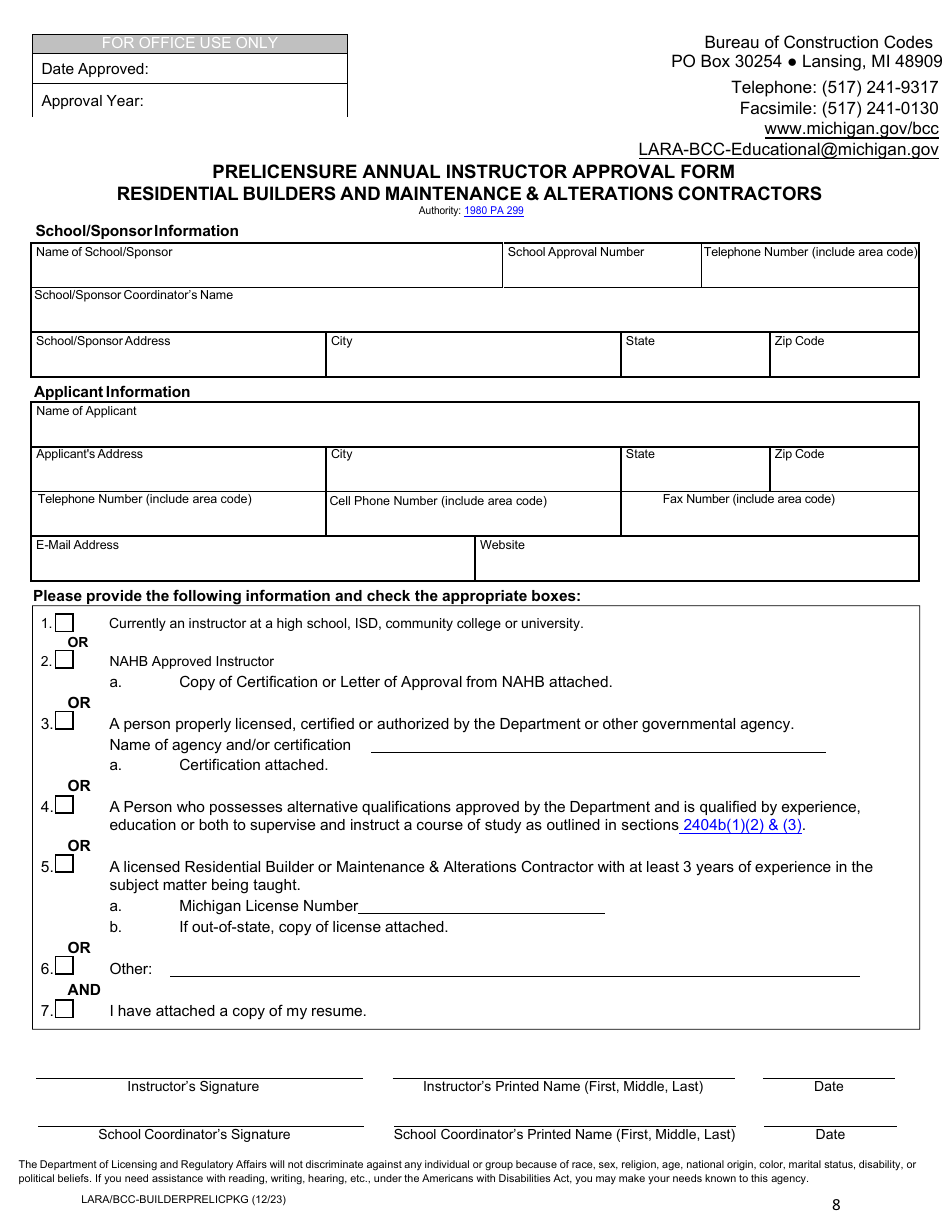 Prelicensure Course Approval Application and Notice Residential Builders and Residential Maintenance  Alterations Contractors - Michigan, Page 8