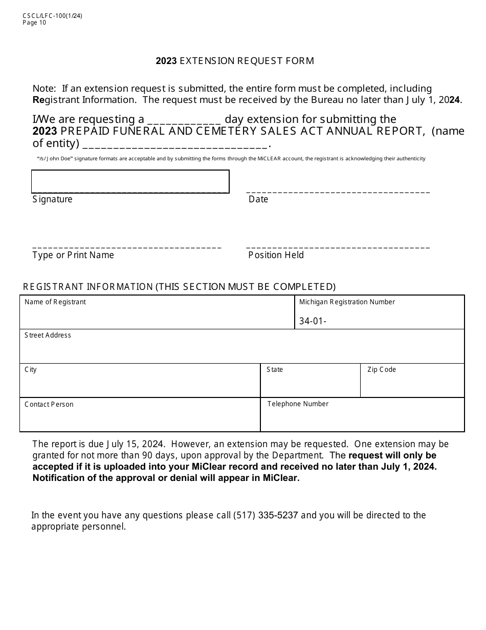 Form CSCL / LFC-100 Prepaid Funeral and Cemetery Sales Act Annual Report - Michigan, Page 10