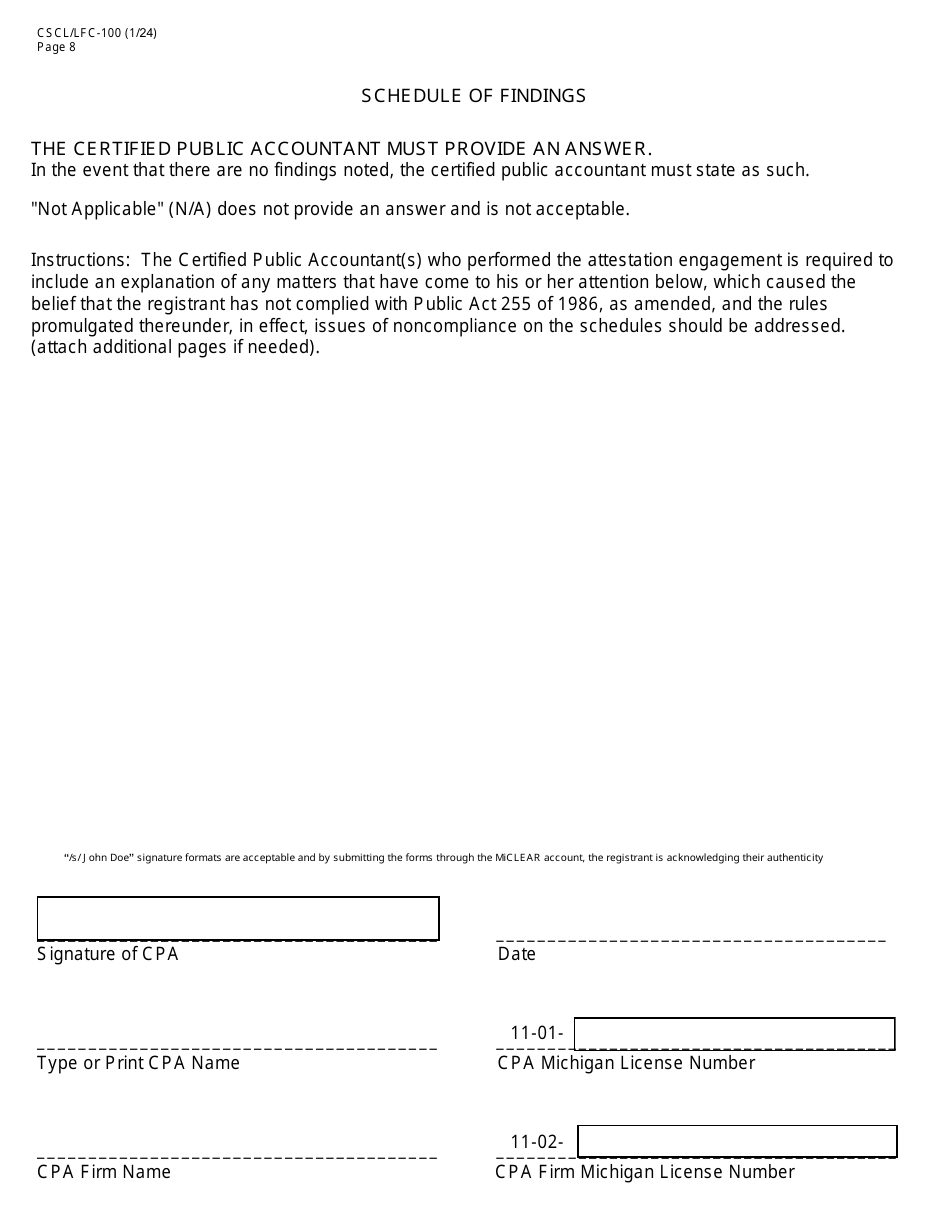 Form CSCL / LFC-100 Prepaid Funeral and Cemetery Sales Act Annual Report - Michigan, Page 8