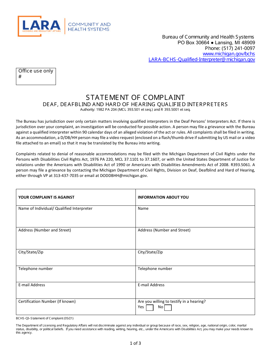 Statement of Complaint - Deaf, Deafblind and Hard of Hearing Qualified Interpreters - Michigan, Page 1