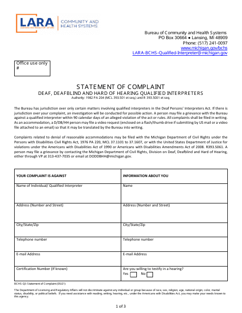 Statement of Complaint - Deaf, Deafblind and Hard of Hearing Qualified Interpreters - Michigan Download Pdf